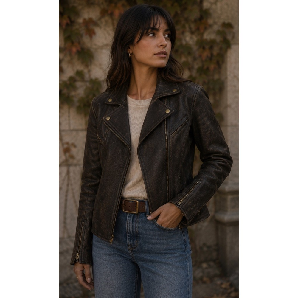 Scully Vintage Brown Leather Moto Zip Jacket Distressed Biker Western Grunge M
